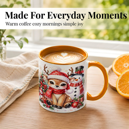 #pl[11oz|Orange] Watercolor Reindeer Coffee Mug, Snowman Deer Mug, Ceramic Cup