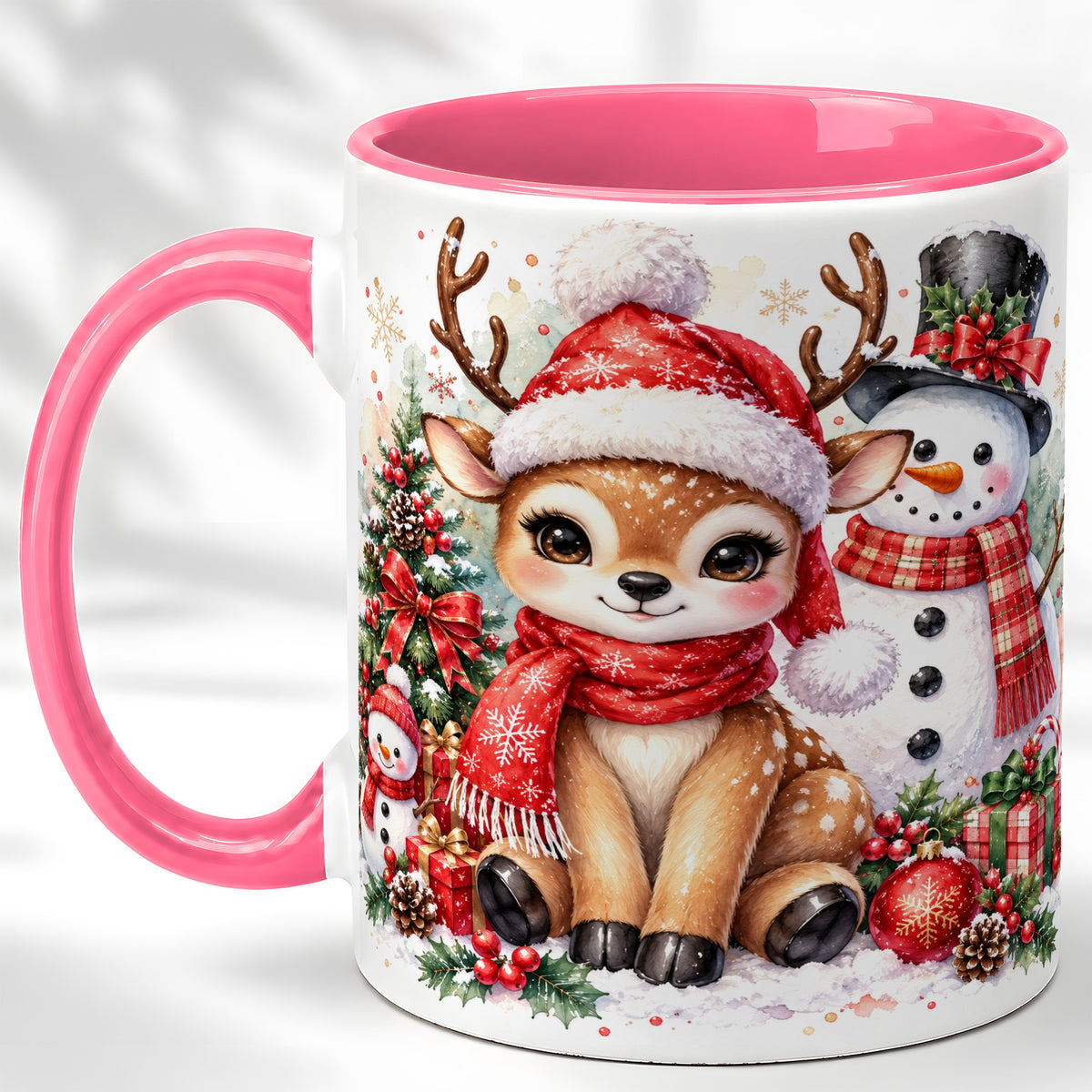 #pl[11oz|Pink] Watercolor Reindeer Coffee Mug, Snowman Deer Mug, Ceramic Cup