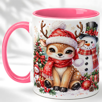 #pl[11oz|Pink] Watercolor Reindeer Coffee Mug, Snowman Deer Mug, Ceramic Cup