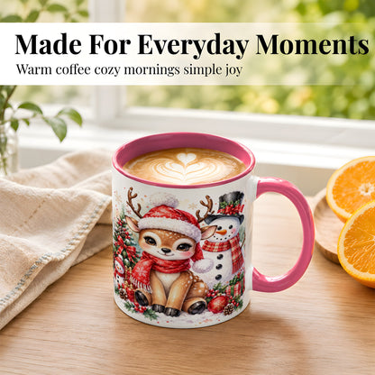 #pl[11oz|Pink] Watercolor Reindeer Coffee Mug, Snowman Deer Mug, Ceramic Cup
