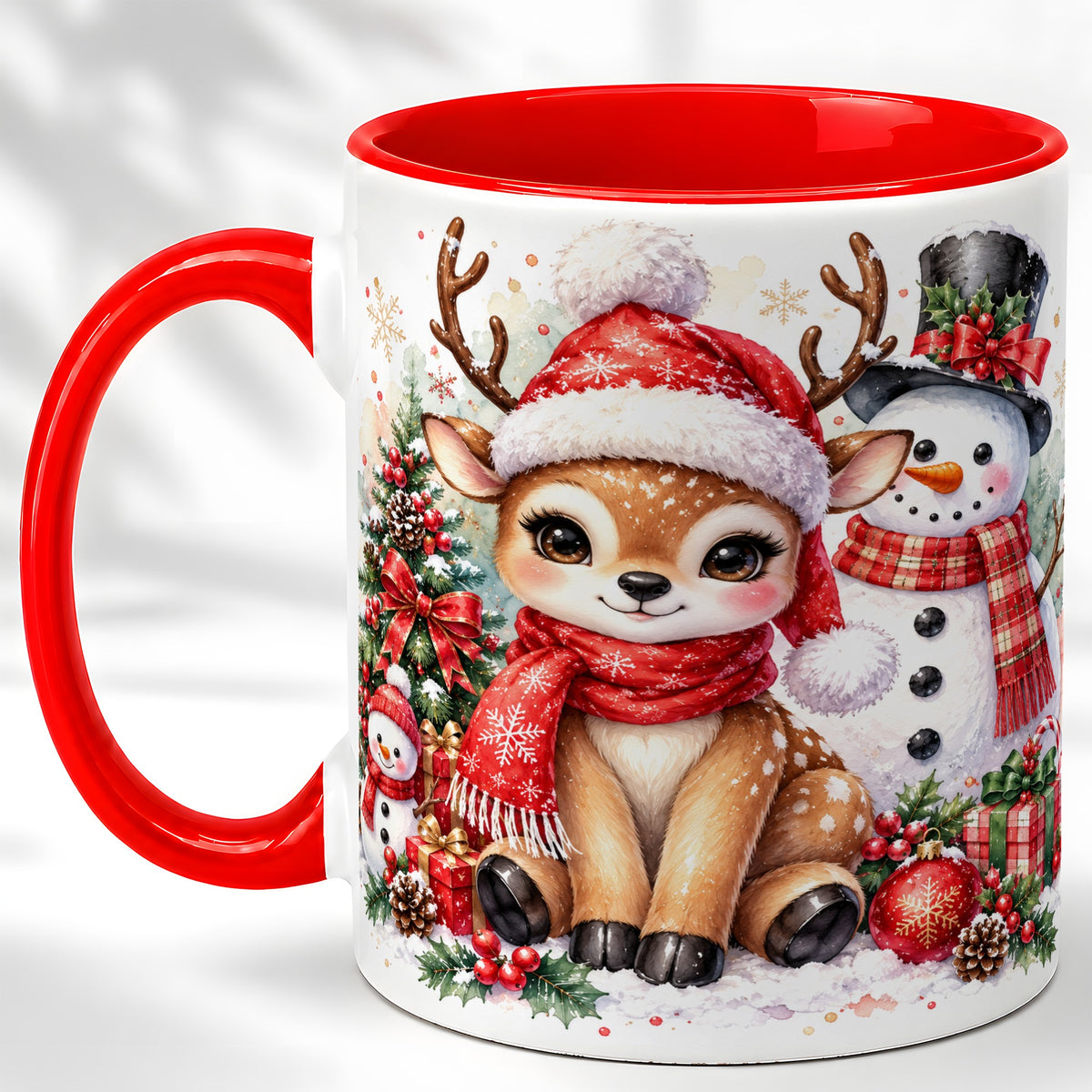 Watercolor Reindeer Coffee Mug, Snowman Deer Mug, Ceramic Cup