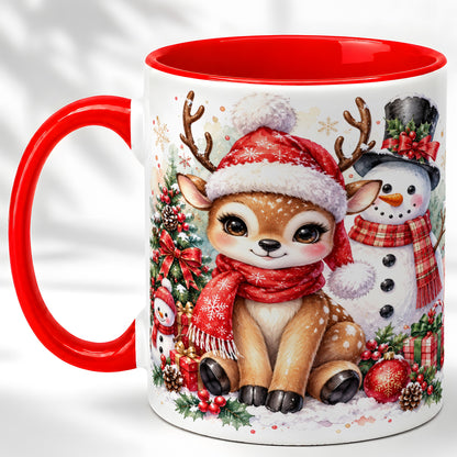 Watercolor Reindeer Coffee Mug, Snowman Deer Mug, Ceramic Cup