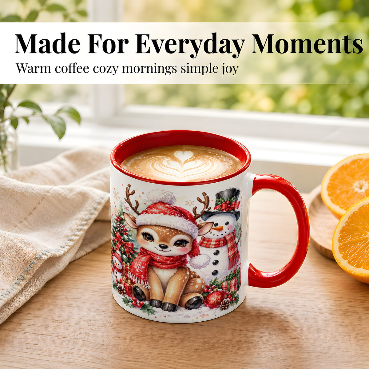 #pl[11oz|Red] Watercolor Reindeer Coffee Mug, Snowman Deer Mug, Ceramic Cup