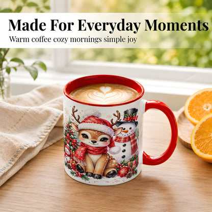 #pl[11oz|Red] Watercolor Reindeer Coffee Mug, Snowman Deer Mug, Ceramic Cup