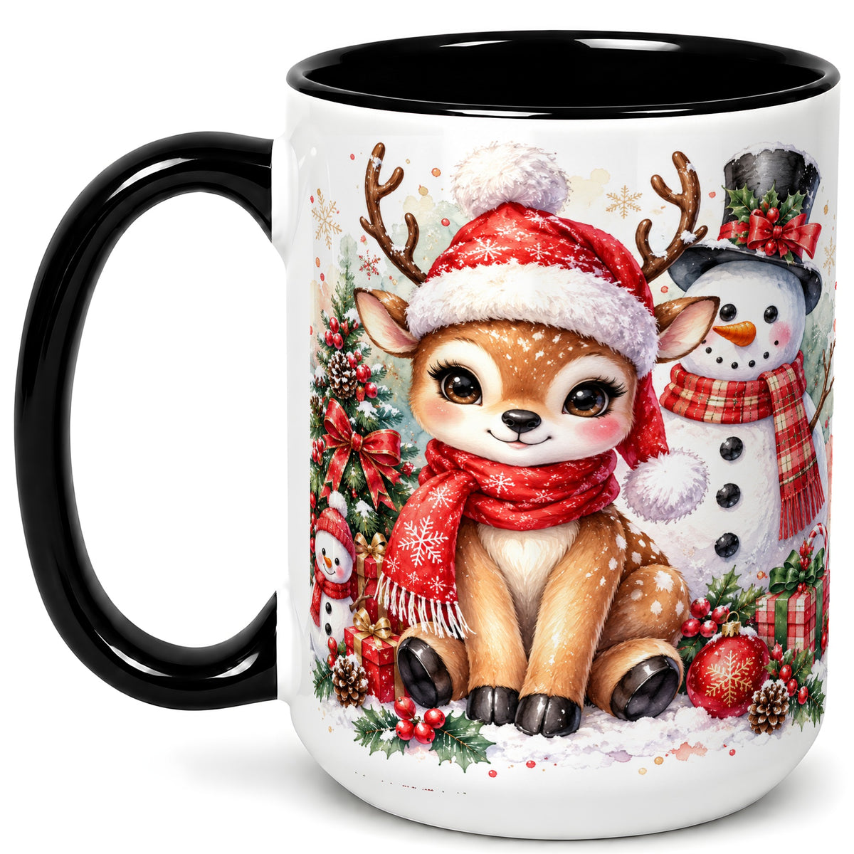 #pl[15oz|Black] Watercolor Reindeer Coffee Mug, Snowman Deer Mug, Ceramic Cup