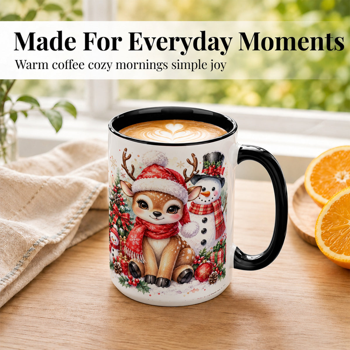 #pl[15oz|Black] Watercolor Reindeer Coffee Mug, Snowman Deer Mug, Ceramic Cup