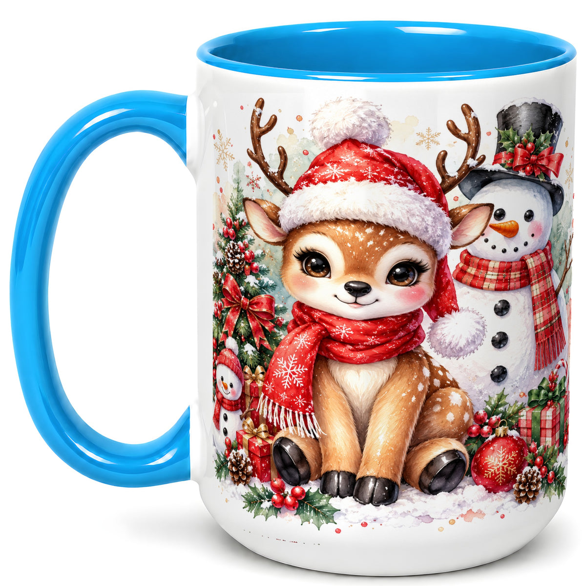 #pl[15oz|Blue] Watercolor Reindeer Coffee Mug, Snowman Deer Mug, Ceramic Cup