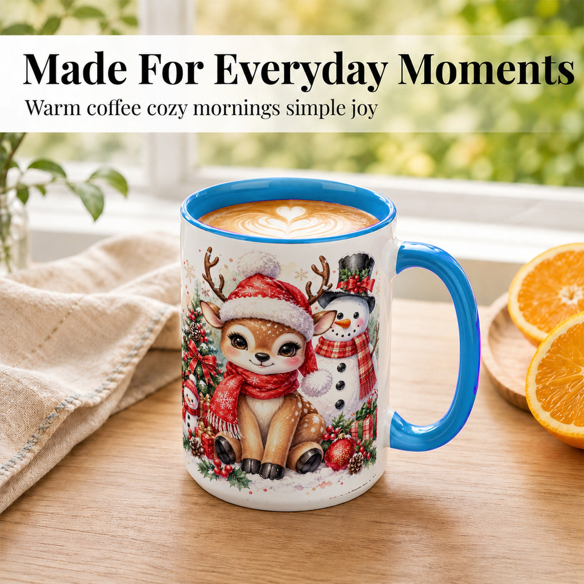 #pl[15oz|Blue] Watercolor Reindeer Coffee Mug, Snowman Deer Mug, Ceramic Cup