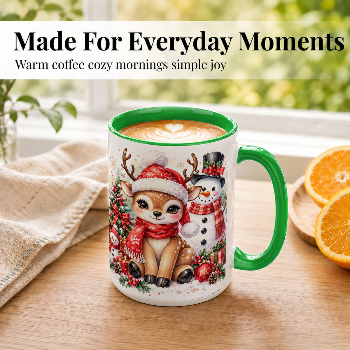 #pl[15oz|Green] Watercolor Reindeer Coffee Mug, Snowman Deer Mug, Ceramic Cup