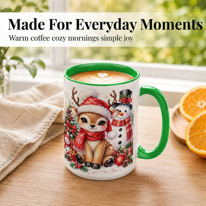 #pl[15oz|Green] Watercolor Reindeer Coffee Mug, Snowman Deer Mug, Ceramic Cup