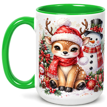 #pl[15oz|Green] Watercolor Reindeer Coffee Mug, Snowman Deer Mug, Ceramic Cup