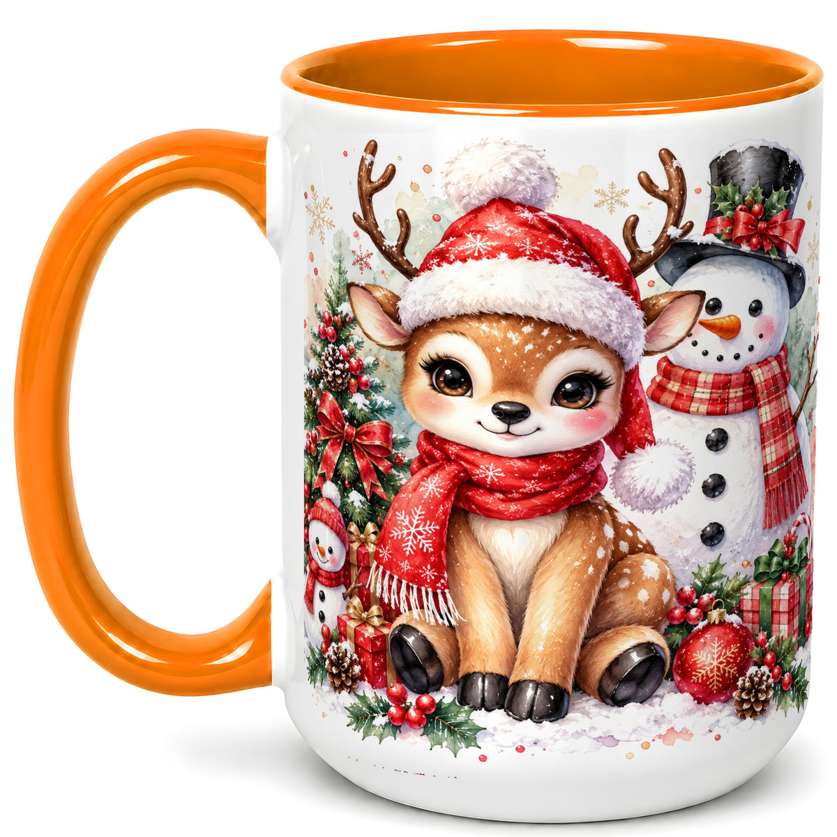 #pl[15oz|Orange] Watercolor Reindeer Coffee Mug, Snowman Deer Mug, Ceramic Cup