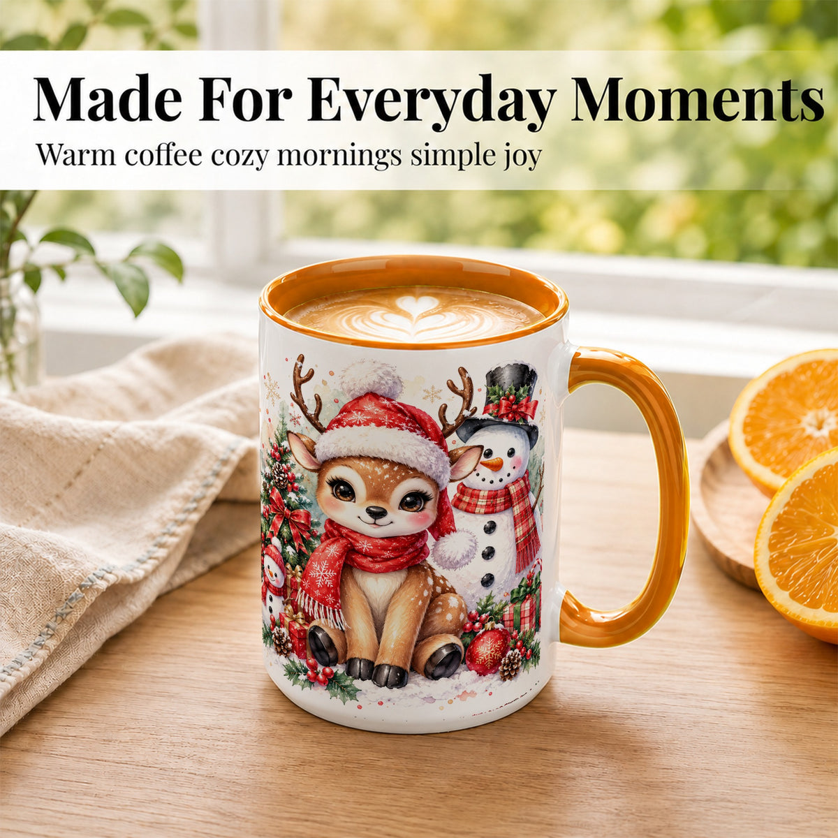 #pl[15oz|Orange] Watercolor Reindeer Coffee Mug, Snowman Deer Mug, Ceramic Cup
