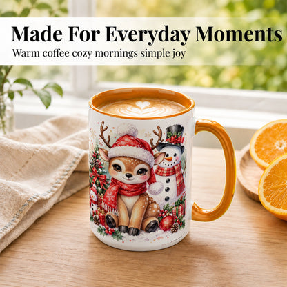 #pl[15oz|Orange] Watercolor Reindeer Coffee Mug, Snowman Deer Mug, Ceramic Cup