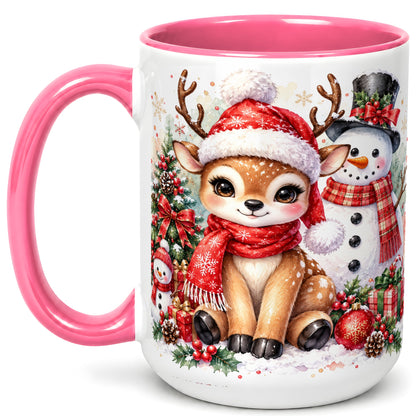#pl[15oz|Pink] Watercolor Reindeer Coffee Mug, Snowman Deer Mug, Ceramic Cup