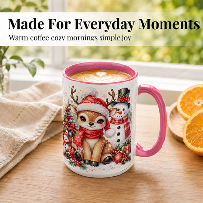 #pl[15oz|Pink] Watercolor Reindeer Coffee Mug, Snowman Deer Mug, Ceramic Cup