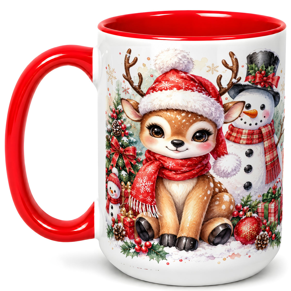 #pl[15oz|Red] Watercolor Reindeer Coffee Mug, Snowman Deer Mug, Ceramic Cup