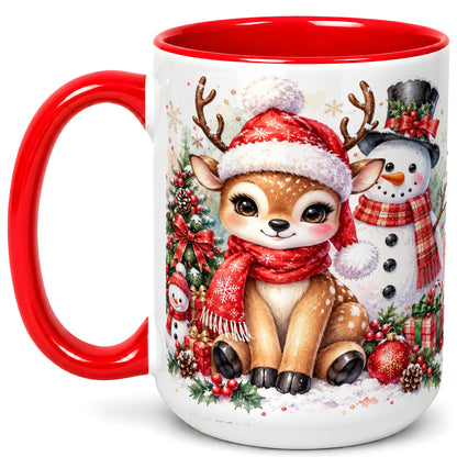 #pl[15oz|Red] Watercolor Reindeer Coffee Mug, Snowman Deer Mug, Ceramic Cup