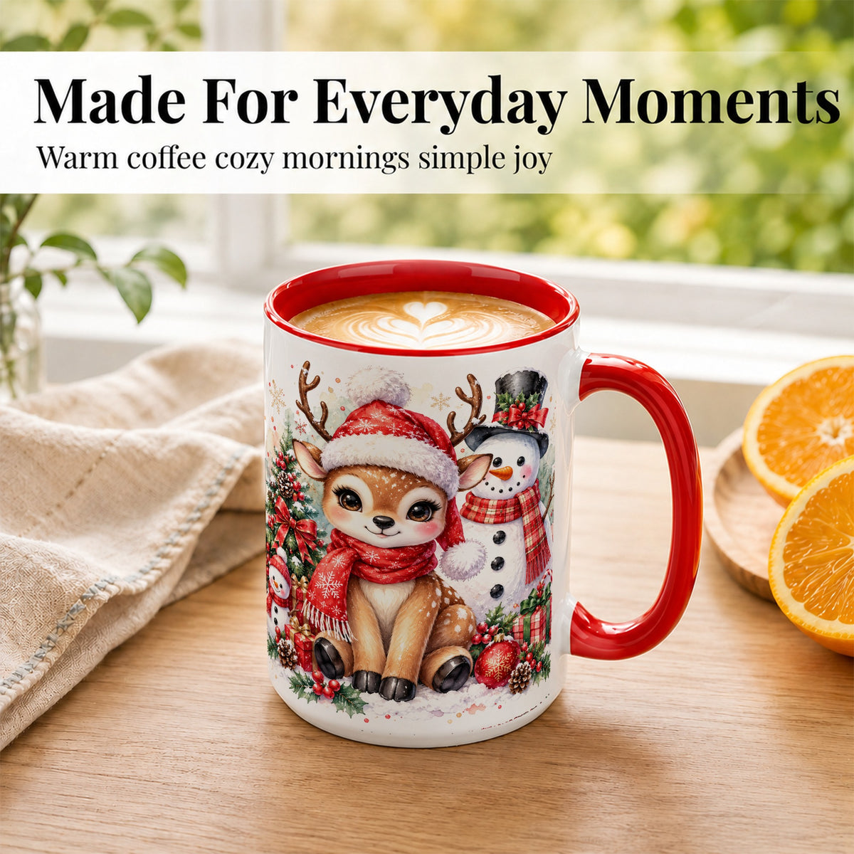 #pl[15oz|Red] Watercolor Reindeer Coffee Mug, Snowman Deer Mug, Ceramic Cup