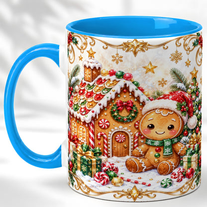 #pl[11oz|Blue] Gingerbread Christmas Coffee Mug, Cookie House Mug, Ceramic Cup