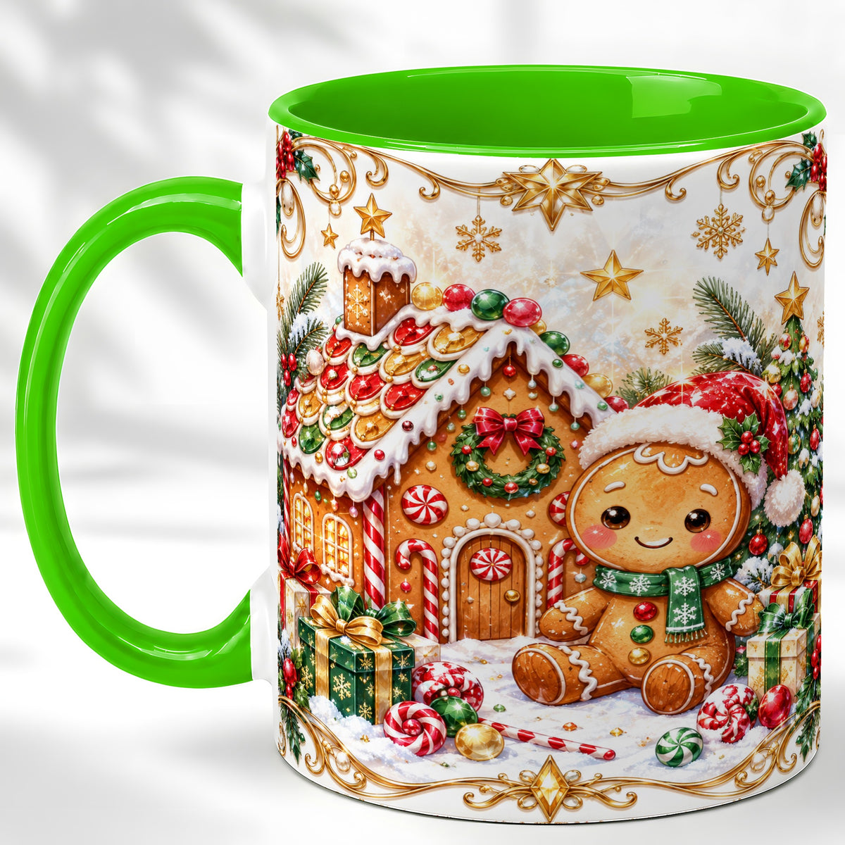 #pl[11oz|Green] Gingerbread Christmas Coffee Mug, Cookie House Mug, Ceramic Cup