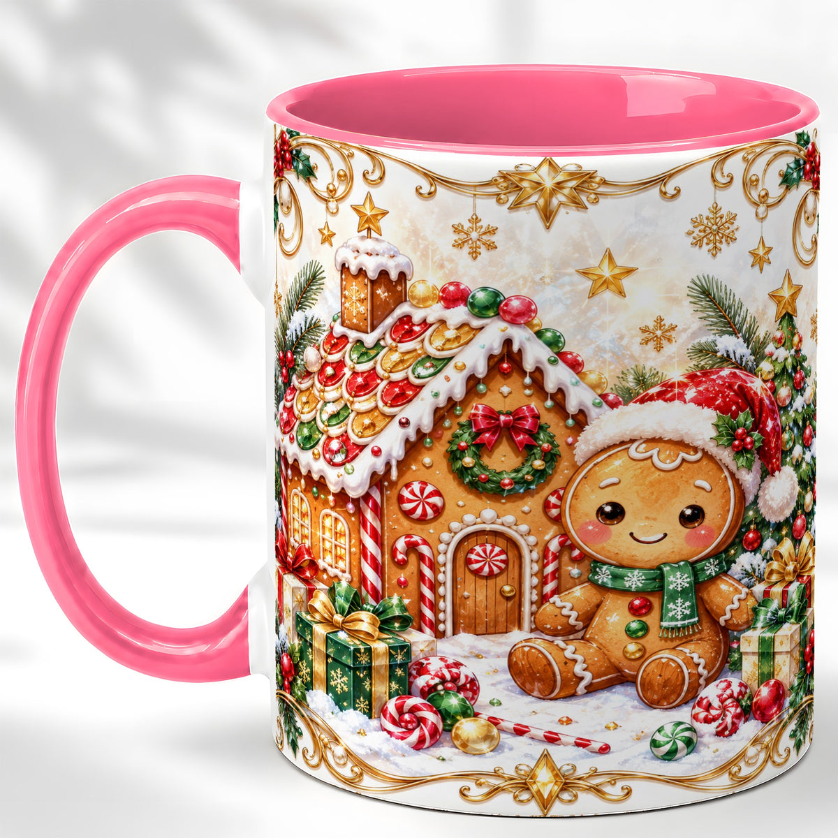 #pl[11oz|Pink] Gingerbread Christmas Coffee Mug, Cookie House Mug, Ceramic Cup