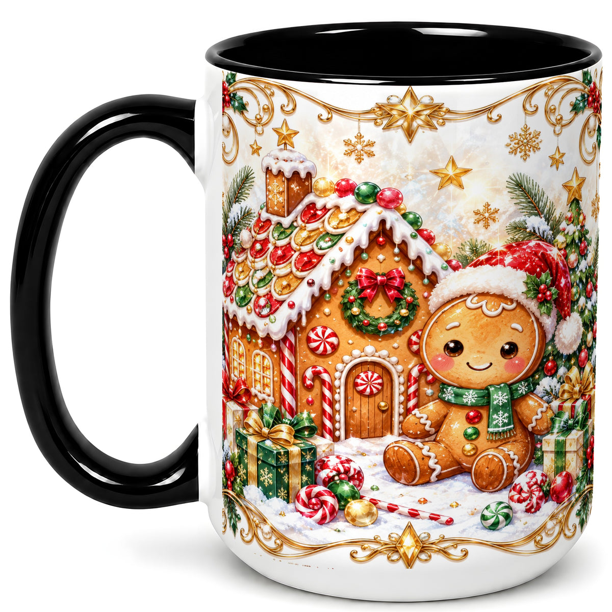 #pl[15oz|Black] Gingerbread Christmas Coffee Mug, Cookie House Mug, Ceramic Cup
