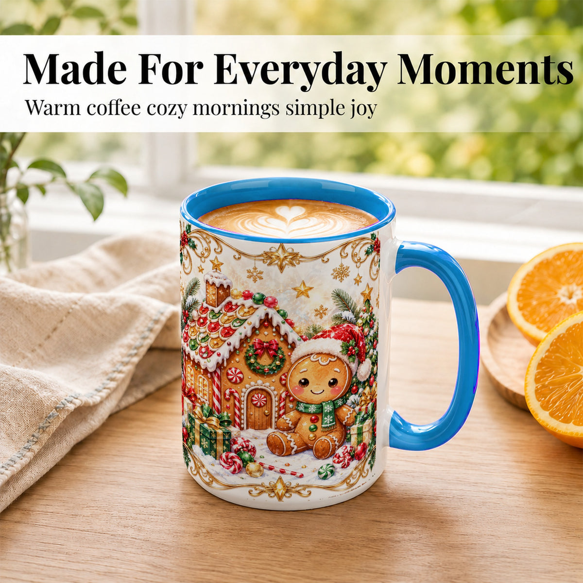 #pl[15oz|Blue] Gingerbread Christmas Coffee Mug, Cookie House Mug, Ceramic Cup