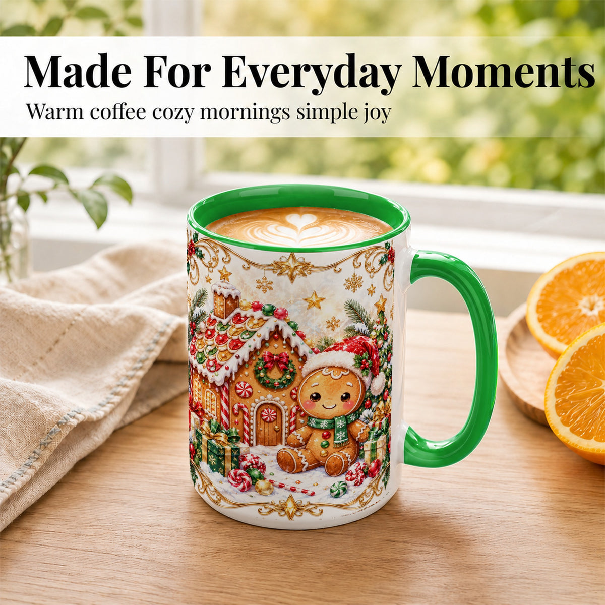 #pl[15oz|Green] Gingerbread Christmas Coffee Mug, Cookie House Mug, Ceramic Cup