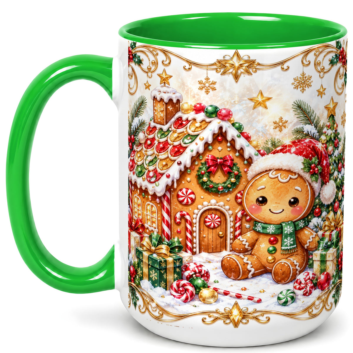 #pl[15oz|Green] Gingerbread Christmas Coffee Mug, Cookie House Mug, Ceramic Cup