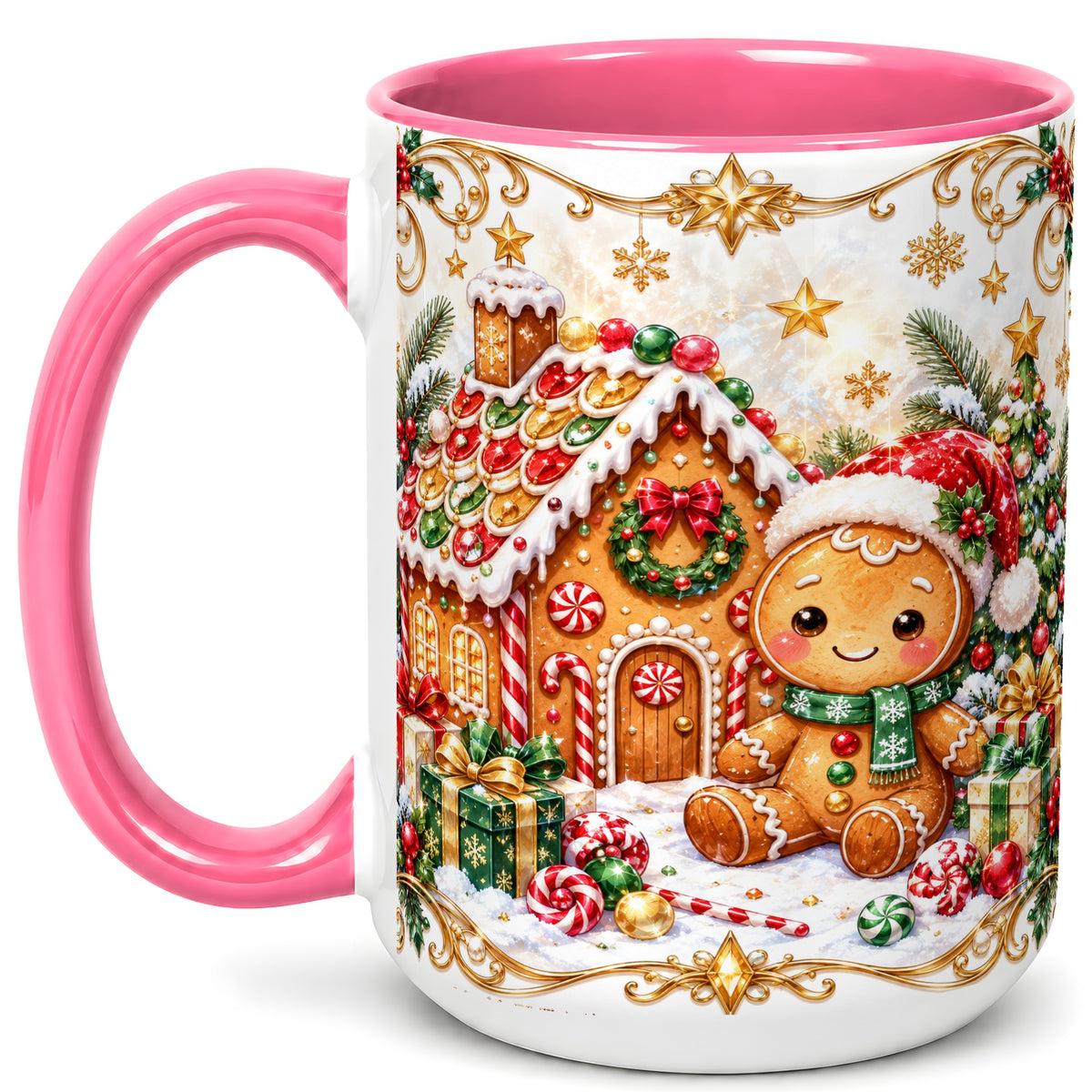#pl[15oz|Pink] Gingerbread Christmas Coffee Mug, Cookie House Mug, Ceramic Cup