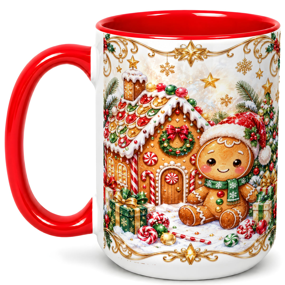 #pl[15oz|Red] Gingerbread Christmas Coffee Mug, Cookie House Mug, Ceramic Cup