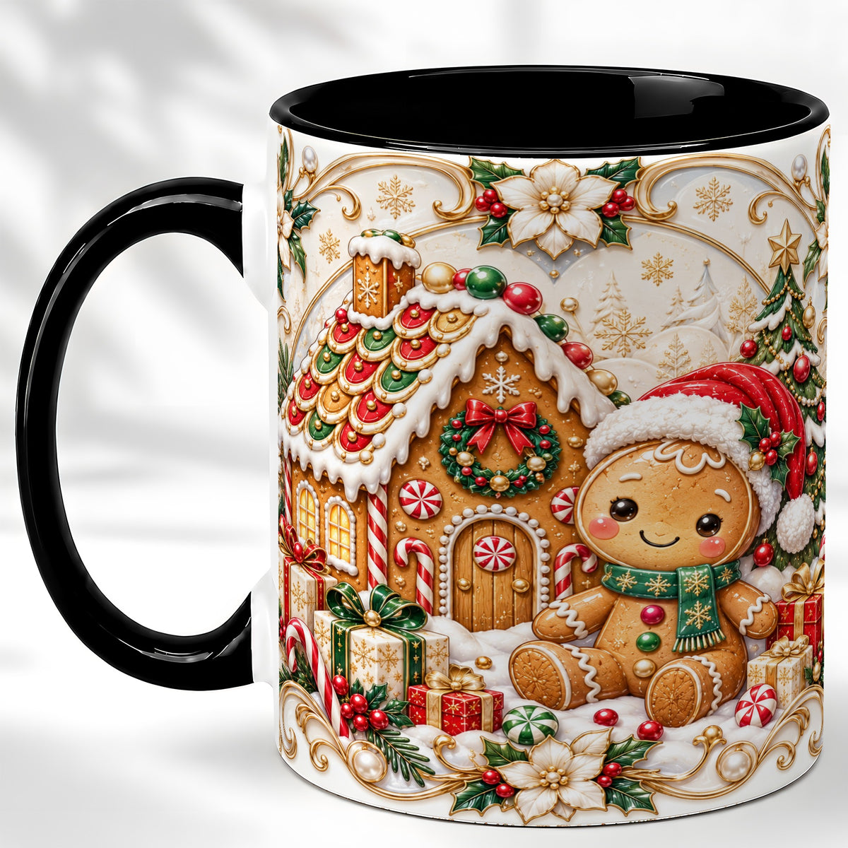 #pl[11oz|Black] Ornate Gingerbread Coffee Mug, Christmas Cookie Mug, Ceramic Cup