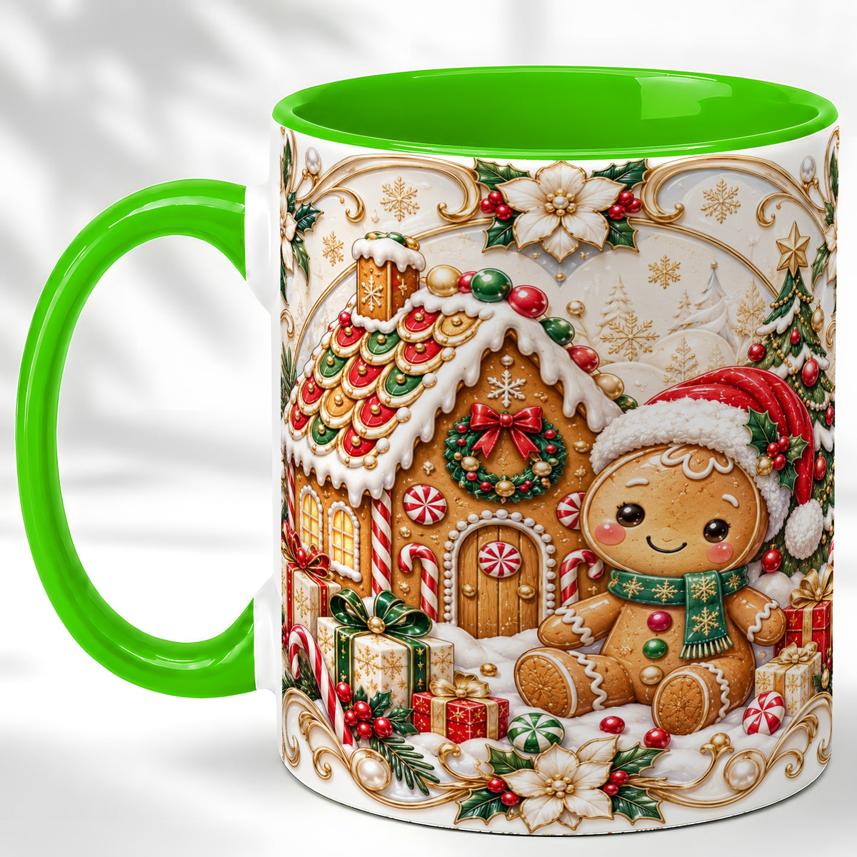 #pl[11oz|Green] Ornate Gingerbread Coffee Mug, Christmas Cookie Mug, Ceramic Cup