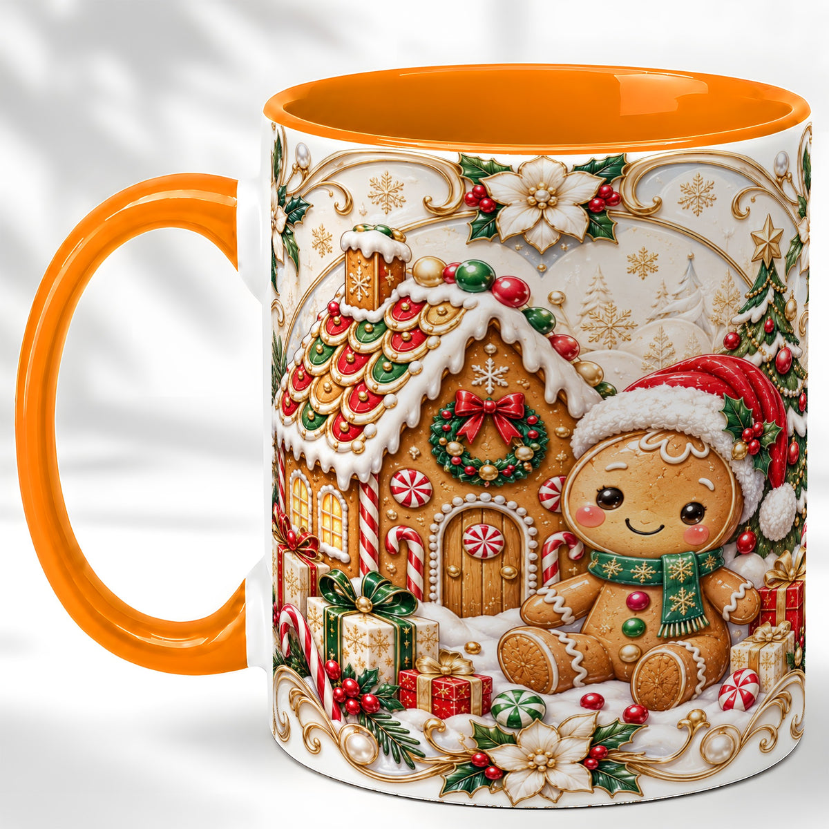#pl[11oz|Orange] Ornate Gingerbread Coffee Mug, Christmas Cookie Mug, Ceramic Cup