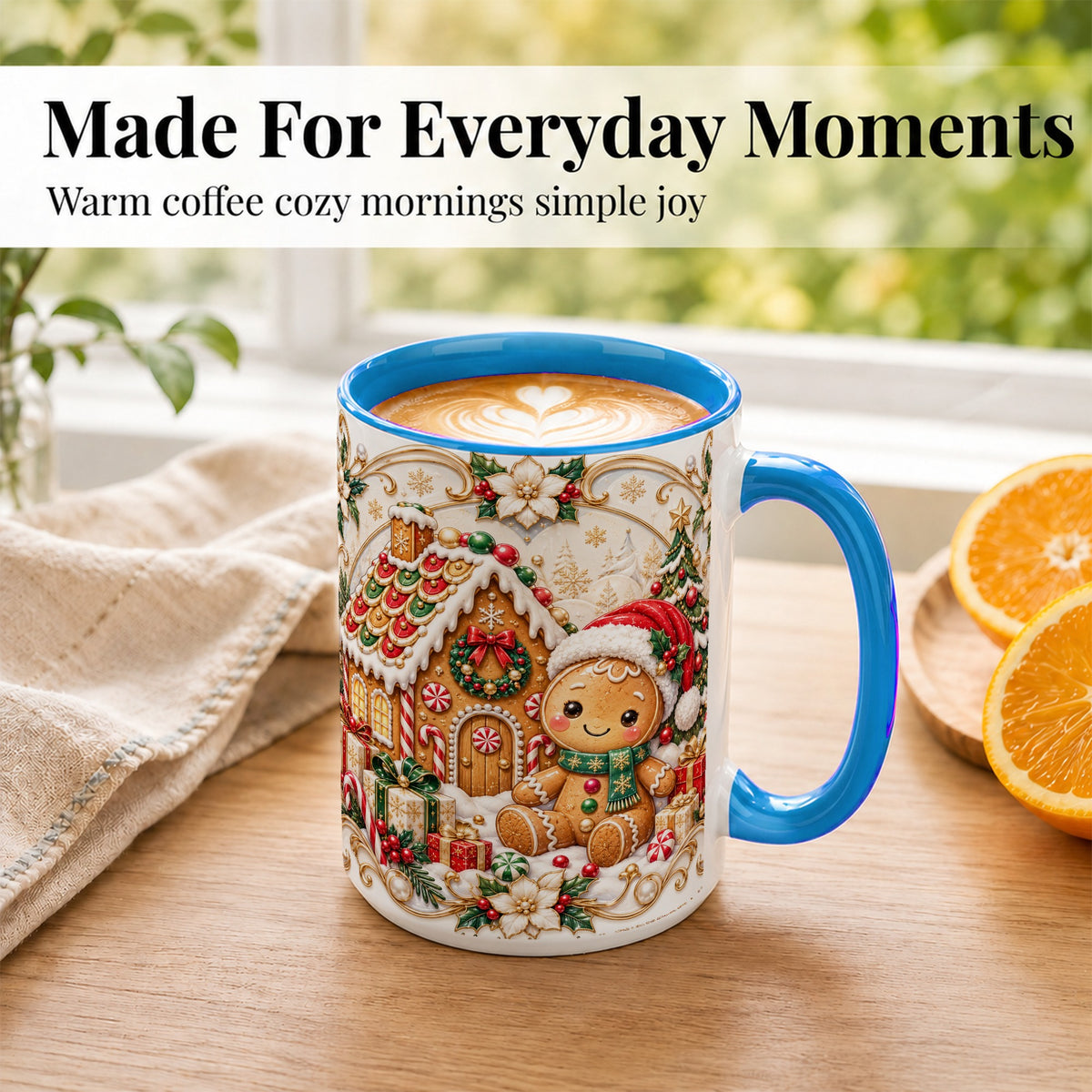 #pl[15oz|Blue] Ornate Gingerbread Coffee Mug, Christmas Cookie Mug, Ceramic Cup