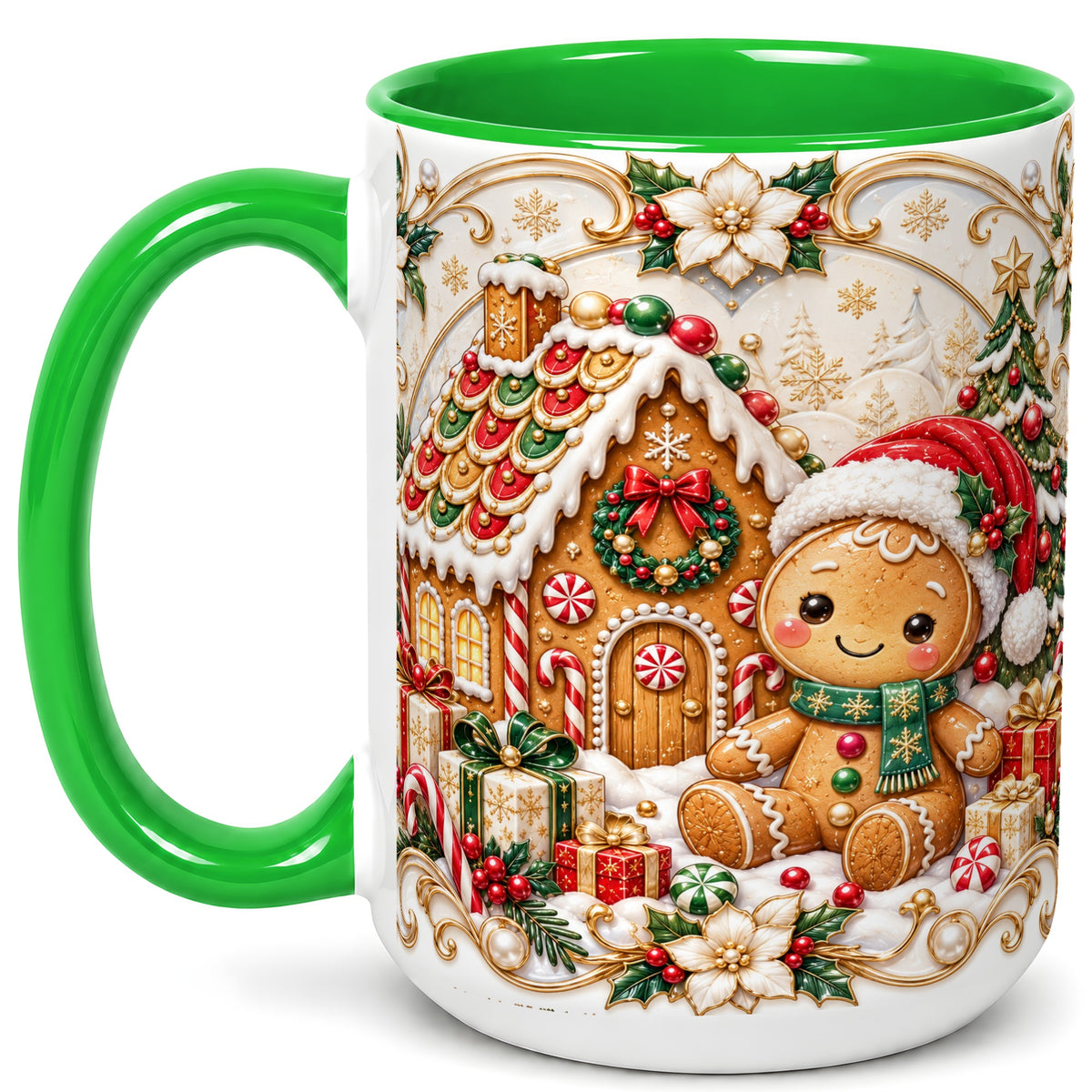 #pl[15oz|Green] Ornate Gingerbread Coffee Mug, Christmas Cookie Mug, Ceramic Cup