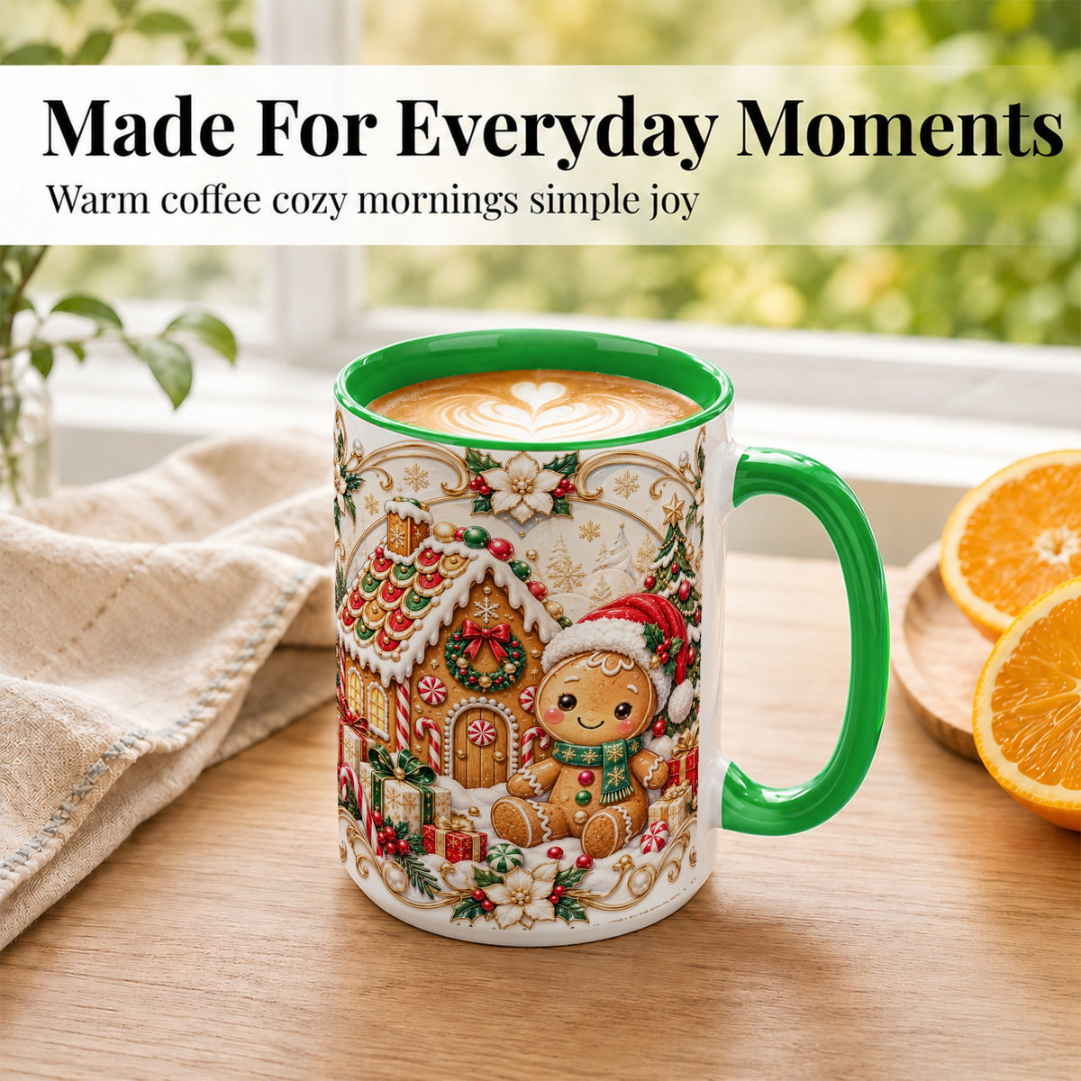 #pl[15oz|Green] Ornate Gingerbread Coffee Mug, Christmas Cookie Mug, Ceramic Cup