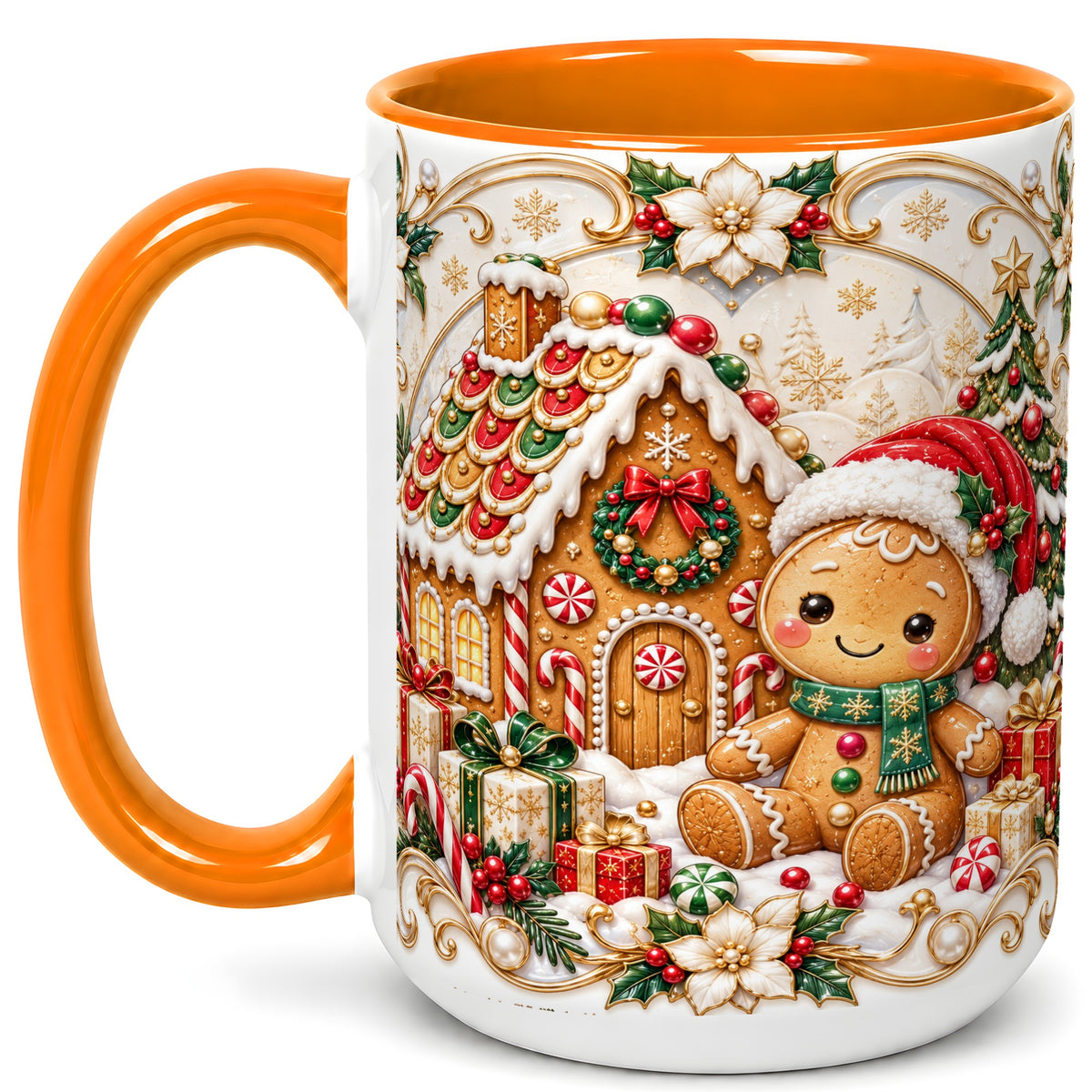 #pl[15oz|Orange] Ornate Gingerbread Coffee Mug, Christmas Cookie Mug, Ceramic Cup