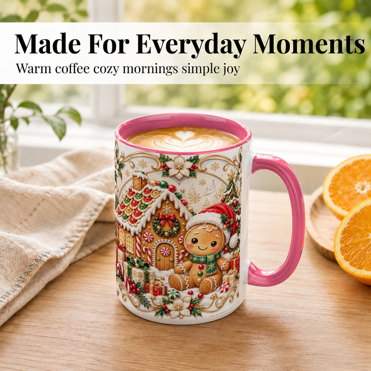 #pl[15oz|Pink] Ornate Gingerbread Coffee Mug, Christmas Cookie Mug, Ceramic Cup