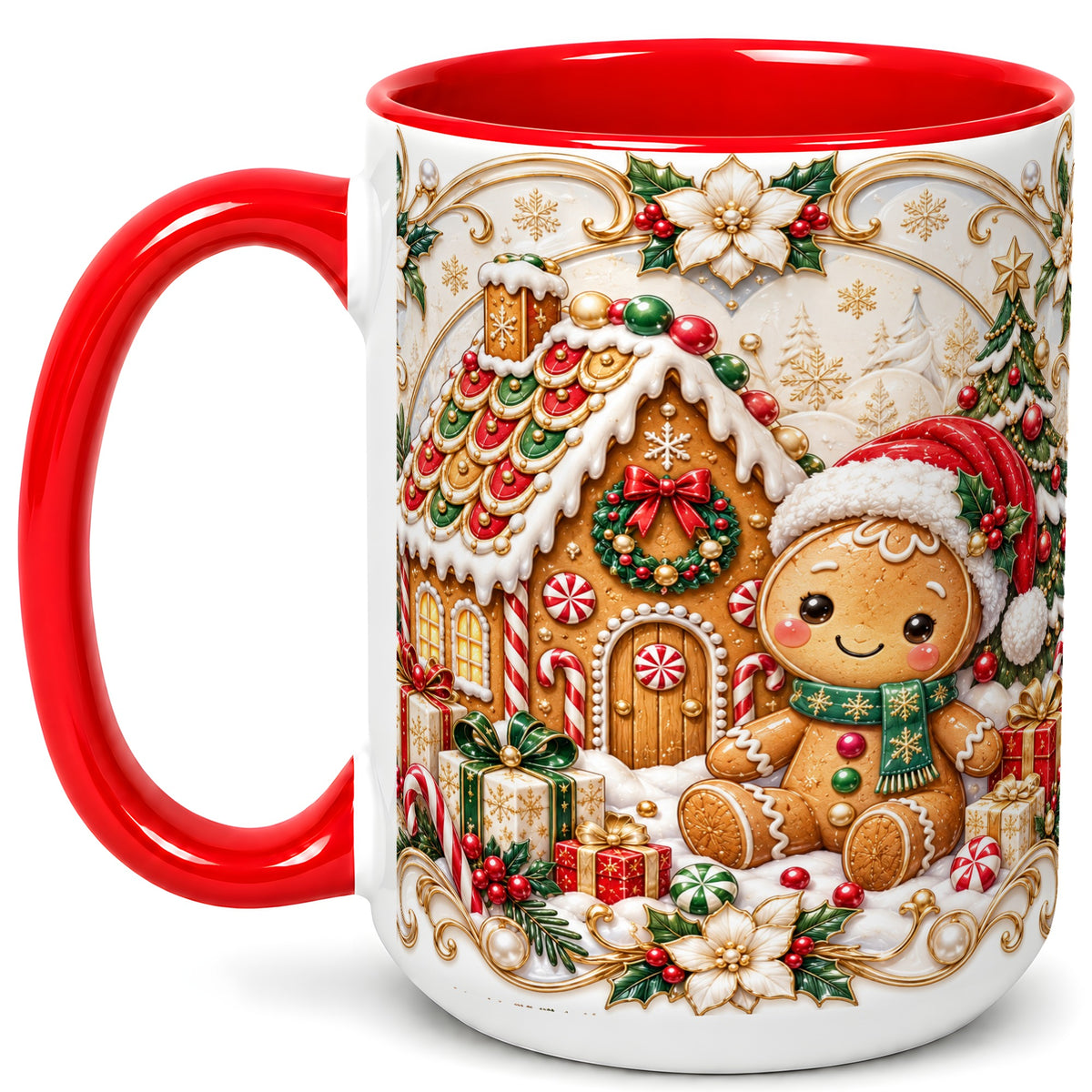 #pl[15oz|Red] Ornate Gingerbread Coffee Mug, Christmas Cookie Mug, Ceramic Cup