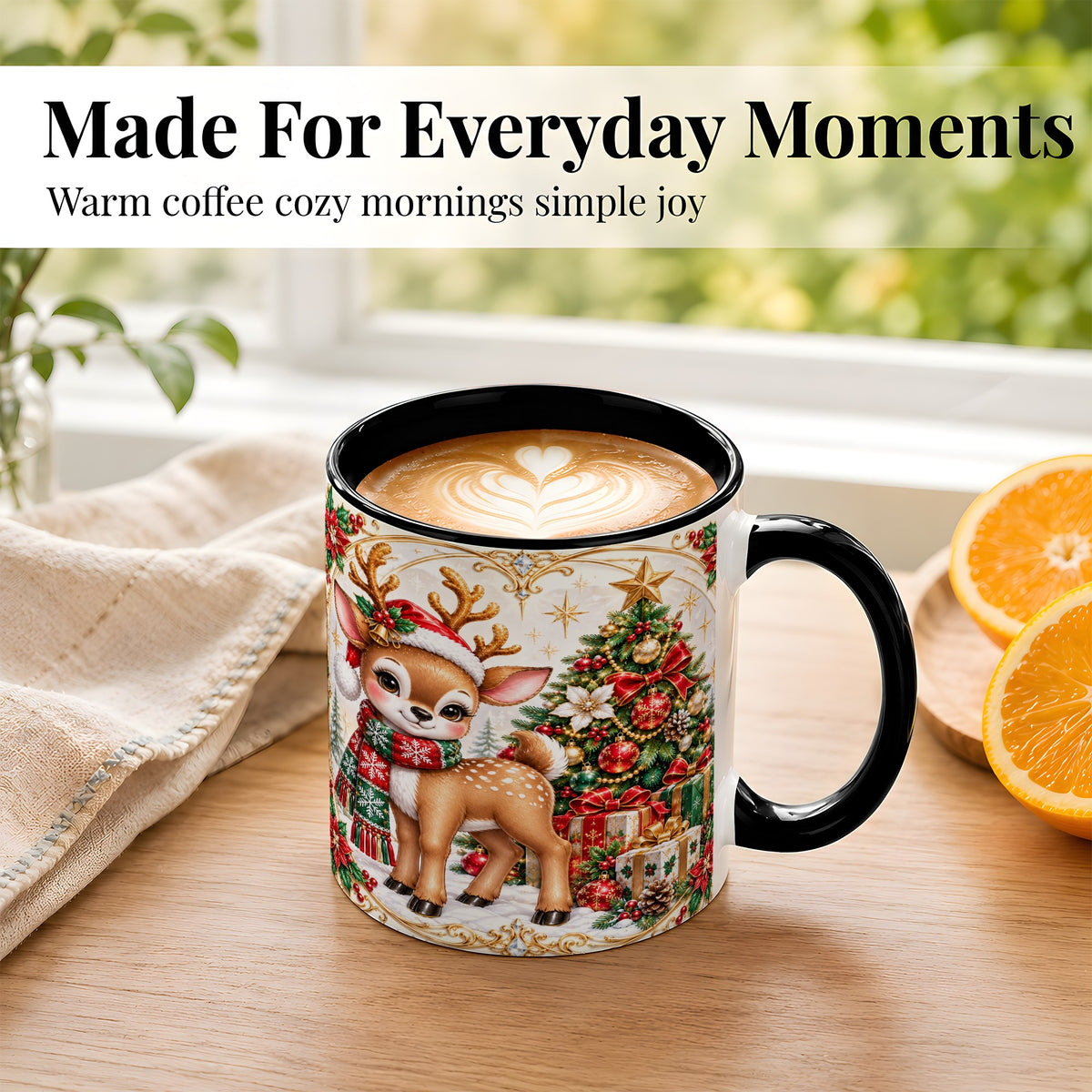 #pl[11oz|Black] Christmas Reindeer Coffee Mug, Holiday Deer Mug, Ceramic Cup