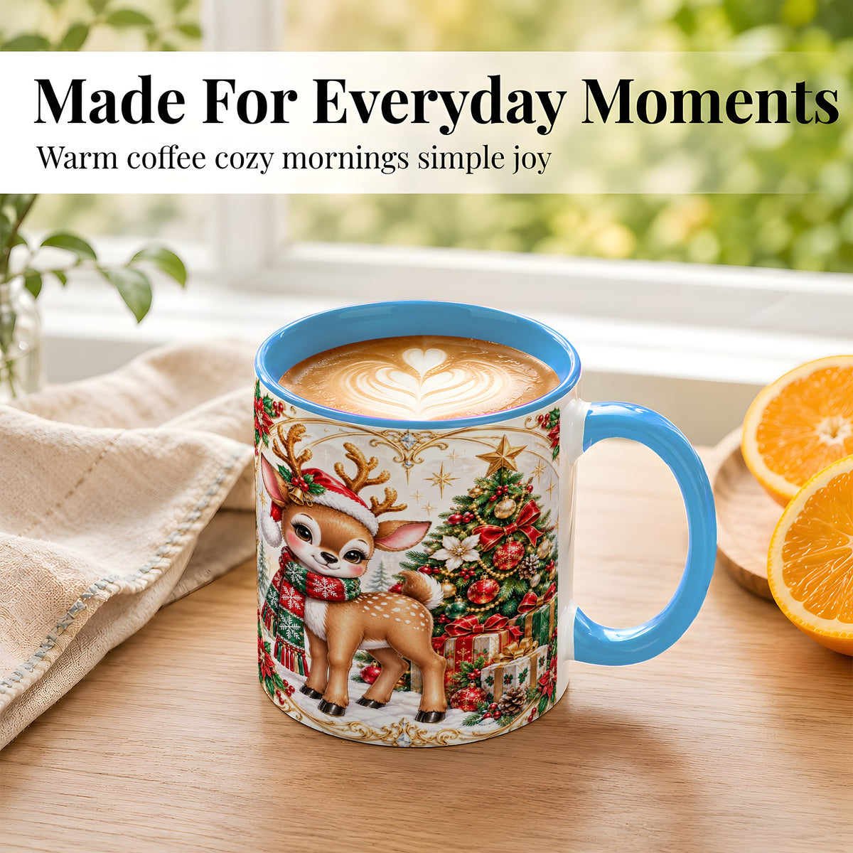 #pl[11oz|Blue] Christmas Reindeer Coffee Mug, Holiday Deer Mug, Ceramic Cup