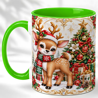 #pl[11oz|Green] Christmas Reindeer Coffee Mug, Holiday Deer Mug, Ceramic Cup