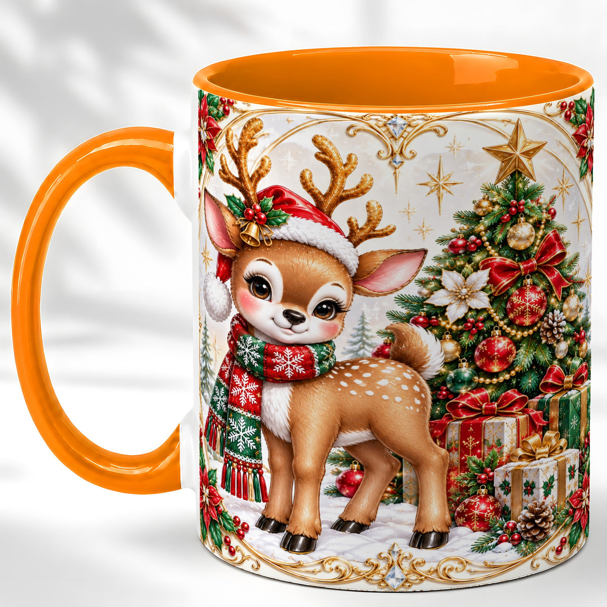 #pl[11oz|Orange] Christmas Reindeer Coffee Mug, Holiday Deer Mug, Ceramic Cup