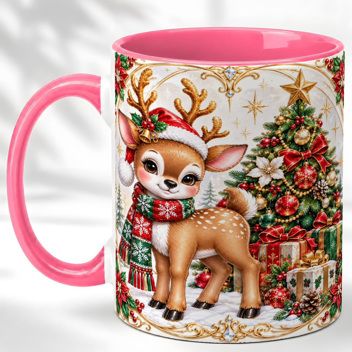 #pl[11oz|Pink] Christmas Reindeer Coffee Mug, Holiday Deer Mug, Ceramic Cup