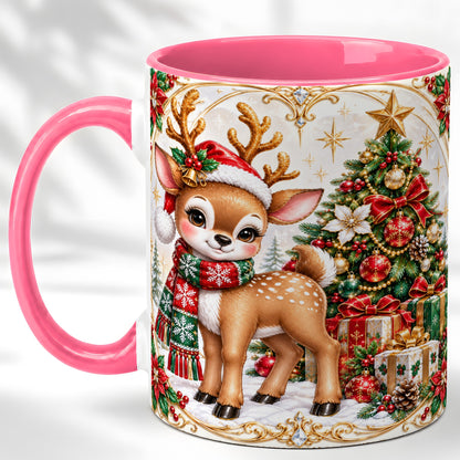 #pl[11oz|Pink] Christmas Reindeer Coffee Mug, Holiday Deer Mug, Ceramic Cup