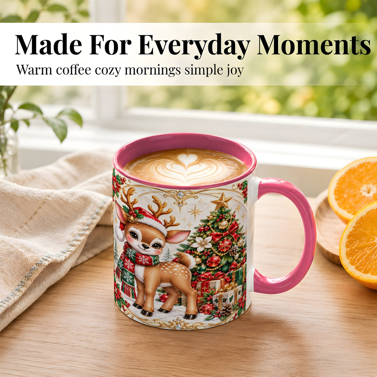 #pl[11oz|Pink] Christmas Reindeer Coffee Mug, Holiday Deer Mug, Ceramic Cup
