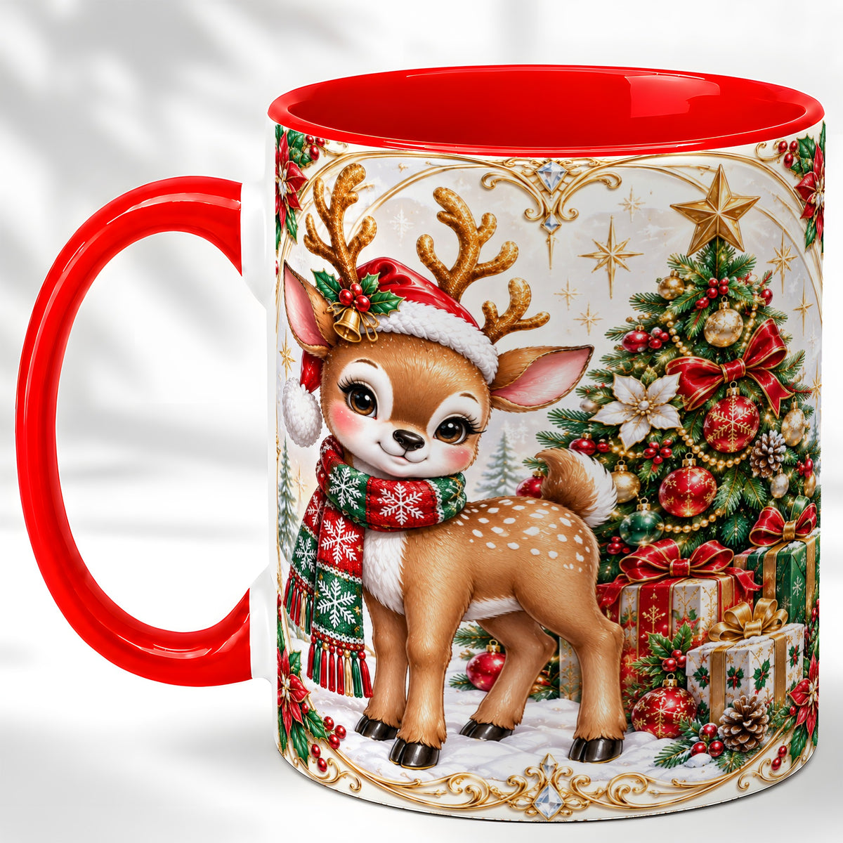 Christmas Reindeer Coffee Mug, Holiday Deer Mug, Ceramic Cup