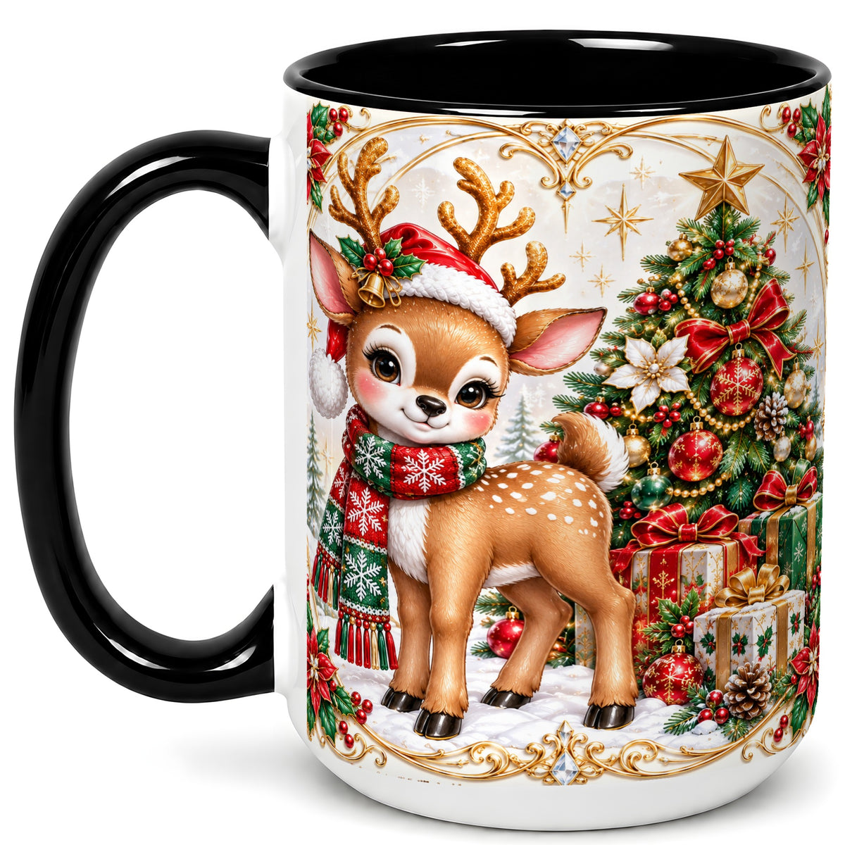 #pl[15oz|Black] Christmas Reindeer Coffee Mug, Holiday Deer Mug, Ceramic Cup